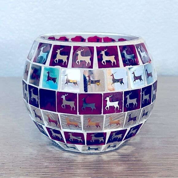 Christmas Reindeer Holiday Mosaic Glass Candle Holder Vase - Picture 1 of 3